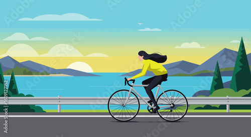 Female cyclist riding by serene lake at sunset with mountains in the background. Vector illustration