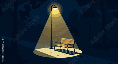 Night park scene with illuminated bench under streetlight in tranquil setting. Vector illustration