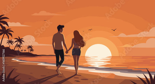 Young caucasian couple walking on tropical beach at sunset. Vector illustration