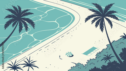 Aerial beach view with palm trees and ocean waves summer vacation travel destination illustration art