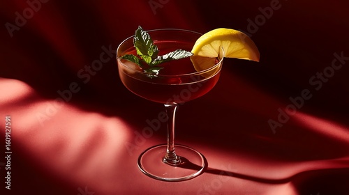 Burgundy cocktail garnished with a lemon slice and mint set against a vibrant burgundy backdrop featuring elegant details and warm tones