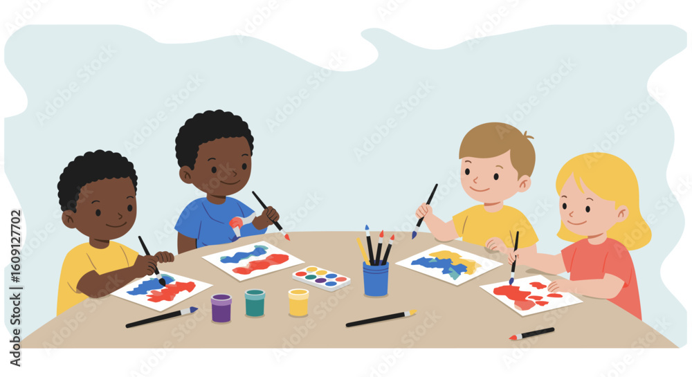 Diverse children engaged in creative painting activity at a round table. Vector illustration Diverse children engaged in creative painting activity at a round table. Vector illustration