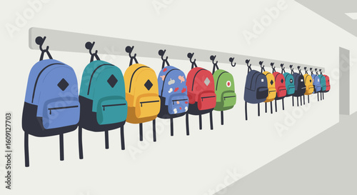 Colorful backpacks in school hallway hanging on hooks in bright row. Vector illustration