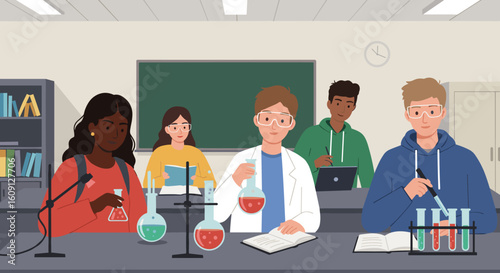Diverse students conducting experiments in a science classroom lab setting. Vector illustration