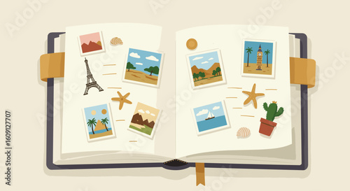 Open travel scrapbook with polaroid photos of iconic destinations and souvenirs. Vector illustration