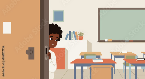 African child peeking nervously around classroom door in a quiet school environment. Vector illustration