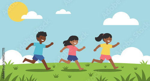 Children running happily in sunny field under blue sky with clouds. Vector illustration