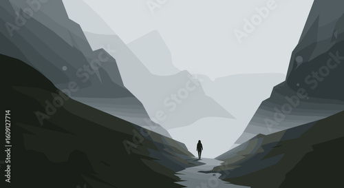 Silhouette of a lone traveler among majestic mountains in serene valley landscape. Vector illustration