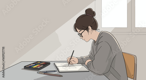 Young caucasian female artist sketching at desk in sunlit room. Vector illustration