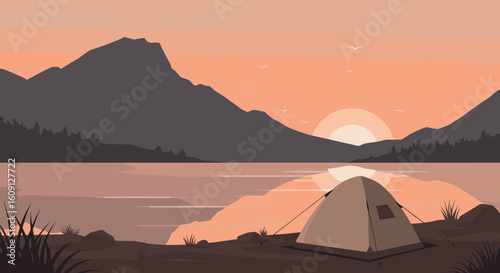 Serene landscape with tent by mountain lake at sunset in vector style. Vector illustration