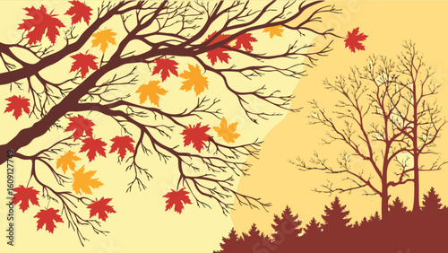 Autumn landscape vector graphic with falling leaves and bare trees for fall season design and decoration