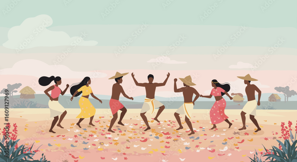 Fototapeta premium Group of people dancing on beach: african adults enjoying festive gathering. Vector illustration