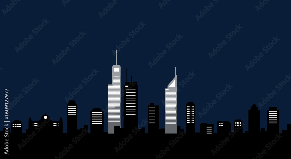 Fototapeta premium Minimalist urban nightscape with modern city skyline silhouette against dark blue sky. Vector illustration