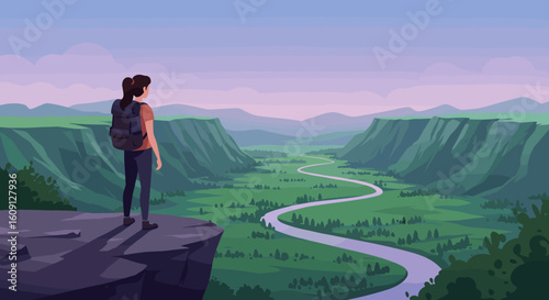 Asian female adventurer overlooks scenic valley at sunset with river and mountains. Vector illustration