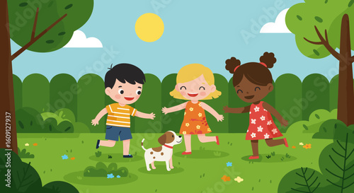 Diverse children playing with dog in sunny park scene. Vector illustration