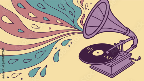 Vintage phonograph music player vector art design with retro sound waves and vinyl record illustration