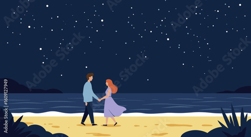 Young couple walking on beach at night under starlit sky. Vector illustration