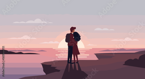 Romantic sunset embrace: young caucasian couple on cliffside at ocean view. Vector illustration