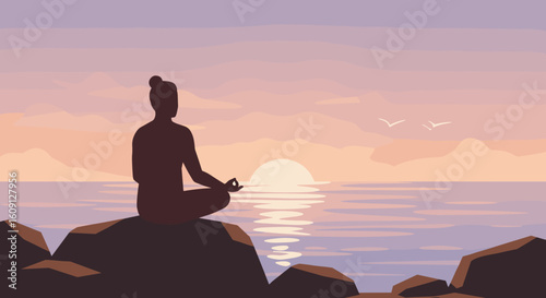 Silhouette of person meditating on rocks by ocean at sunset with seagulls. Vector illustration
