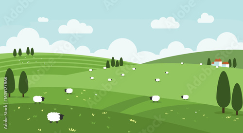 Peaceful sheep grazing in scenic rolling green hills landscape with blue sky. Vector illustration