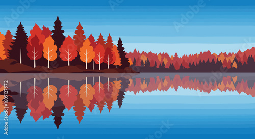 Serene autumn forest reflection on tranquil lake amidst vibrant fall foliage. Vector illustration