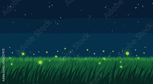 Tranquil night meadow with fireflies and starry sky. Vector illustration