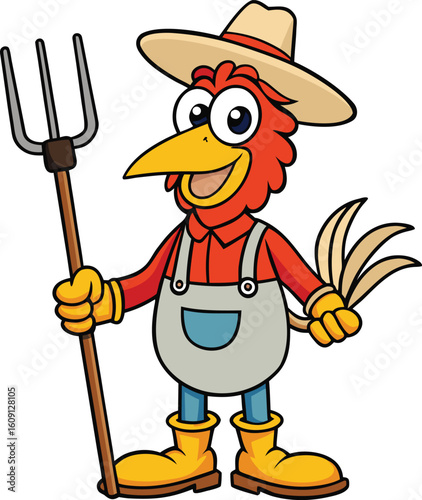 Cartoon chicken farmer wearing hat overalls and boots holding pitchfork bird fowl