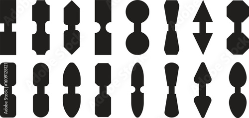 Strap connectors tab icons set in flat styles. Webbing clip group, buckle fastener collection, strap tab symbols for bags, backpack, outdoor gear, harness, apparel, and accessories.