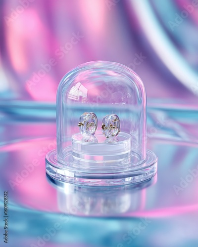 Pair of bold earrings displayed inside a transparent futuristic capsule, surrounded by soft neon reflections, high detail