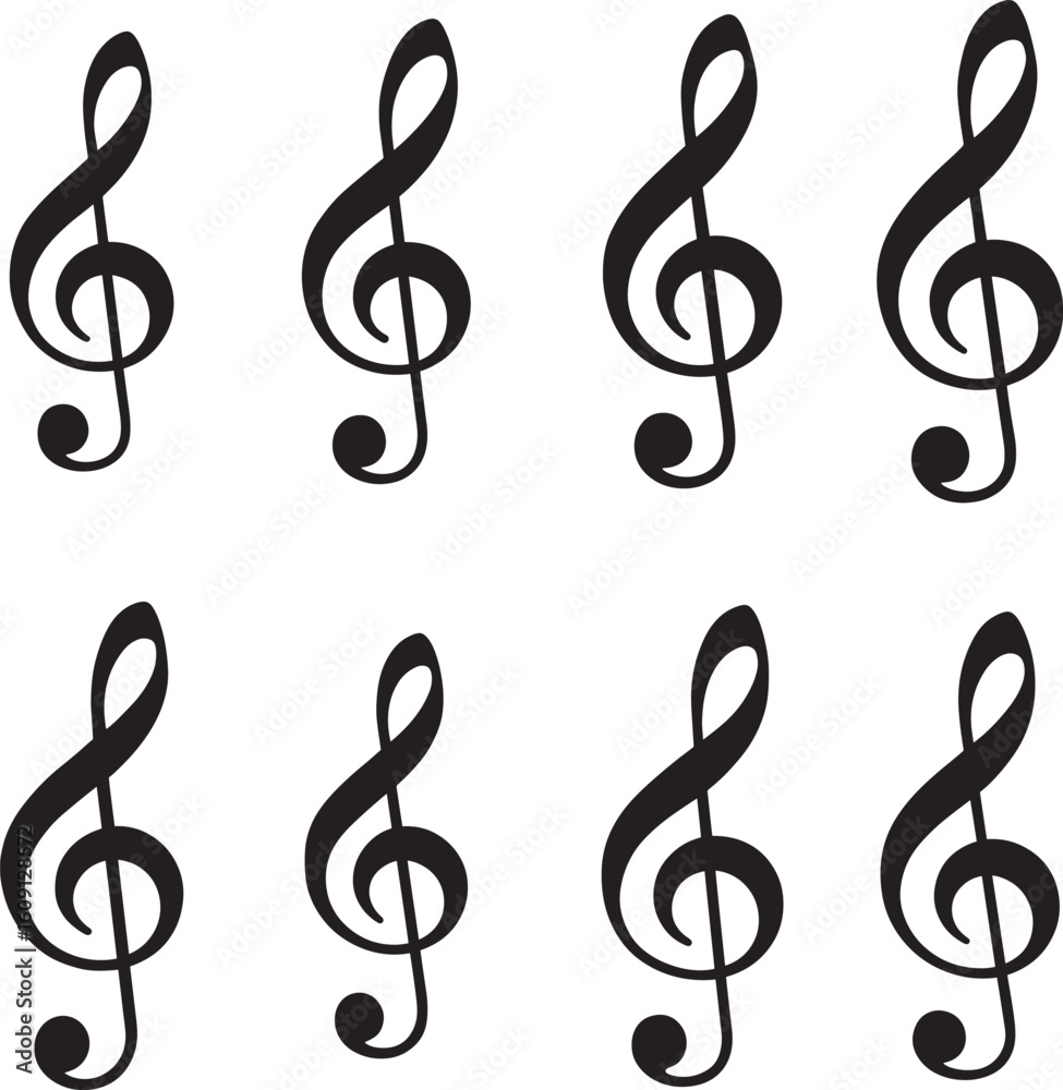 Obraz premium Eight black treble clef symbols arranged in two rows on a white background
