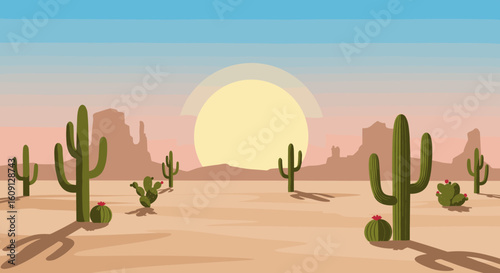 Desert landscape at sunset with cacti and mountains in arid terrain. Vector illustration