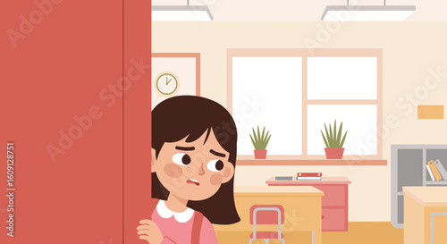 Young asian girl peeking nervously in classroom with red door and green plants. Vector illustration