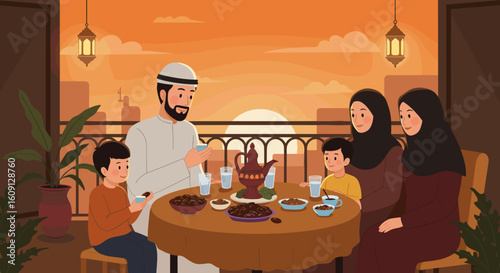 Muslim family enjoying evening meal with dates and tea at sunset. Vector illustration