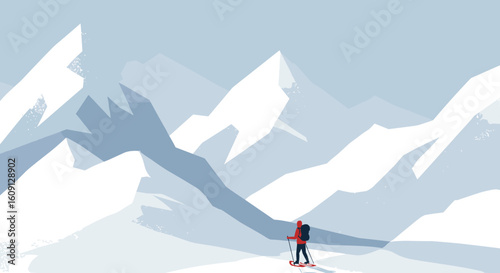 Winter adventure: person hiking through snowy mountain landscape. Vector illustration