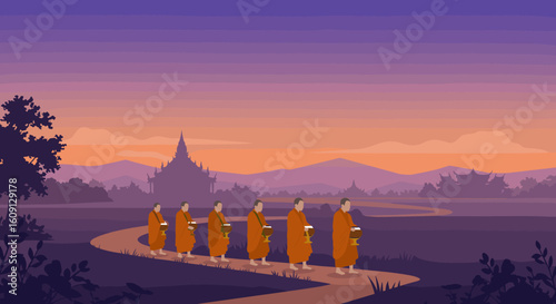 Group of asian buddhist monks walking at dawn in orange robes with scenic background. Vector illustration