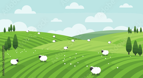 Peaceful sheep grazing on lush green hills under blue sky and clouds. Vector illustration