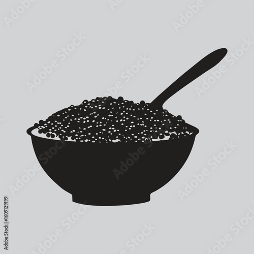 Black silhouette of a bowl filled with caviar and a spoon