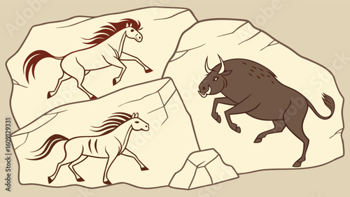 Cave painting art of horses and bull prehistoric rock art drawing ancient animal illustration history design