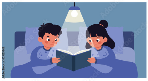 Asian young siblings reading book in bed under soft lamp light at nighttime. Vector illustration