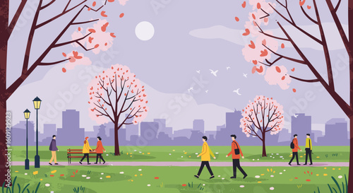 Serene spring park scene with cherry blossoms and people strolling under full moon. Vector illustration