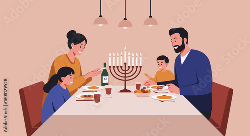 Happy family celebrating hanukkah with menorah and traditional food. Vector illustration