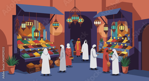 Bustling middle eastern market with people shopping for spices and goods. Vector illustration