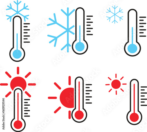 Cold and hot weather thermometer icons set in flat style. Sun and snowflake symbol collection, temperature level group, red heat and blue chill indicator, seasonal forecast, and climate measurement