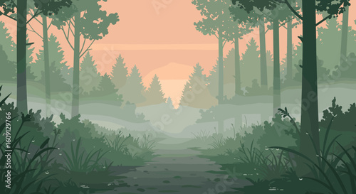 Serene forest path at sunrise with misty trees and soft colors. Vector illustration