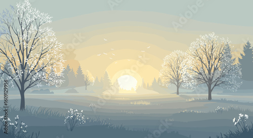 Serene winter sunrise over frosty landscape with bare trees and soft morning light. Vector illustration