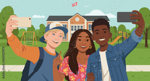 Diverse young friends taking selfie at schoolyard with playground and school building in background. Vector illustration