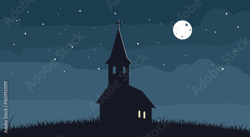 Silhouette of a chapel at night with full moon and starry sky. Vector illustration