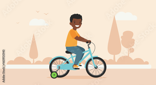 African child riding bicycle with training wheels outdoors. Vector illustration