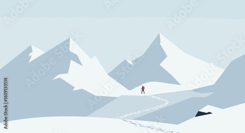 Minimalist winter landscape with lone male climber on snowy mountain range. Vector illustration