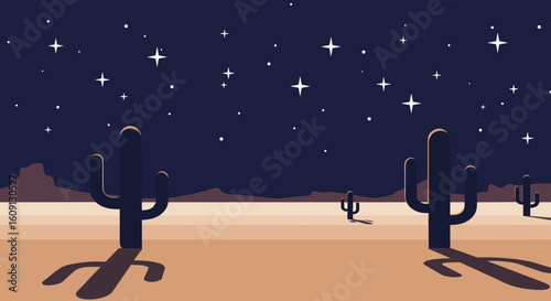 Night desert landscape with cacti and starry sky under blue moonlight. Vector illustration